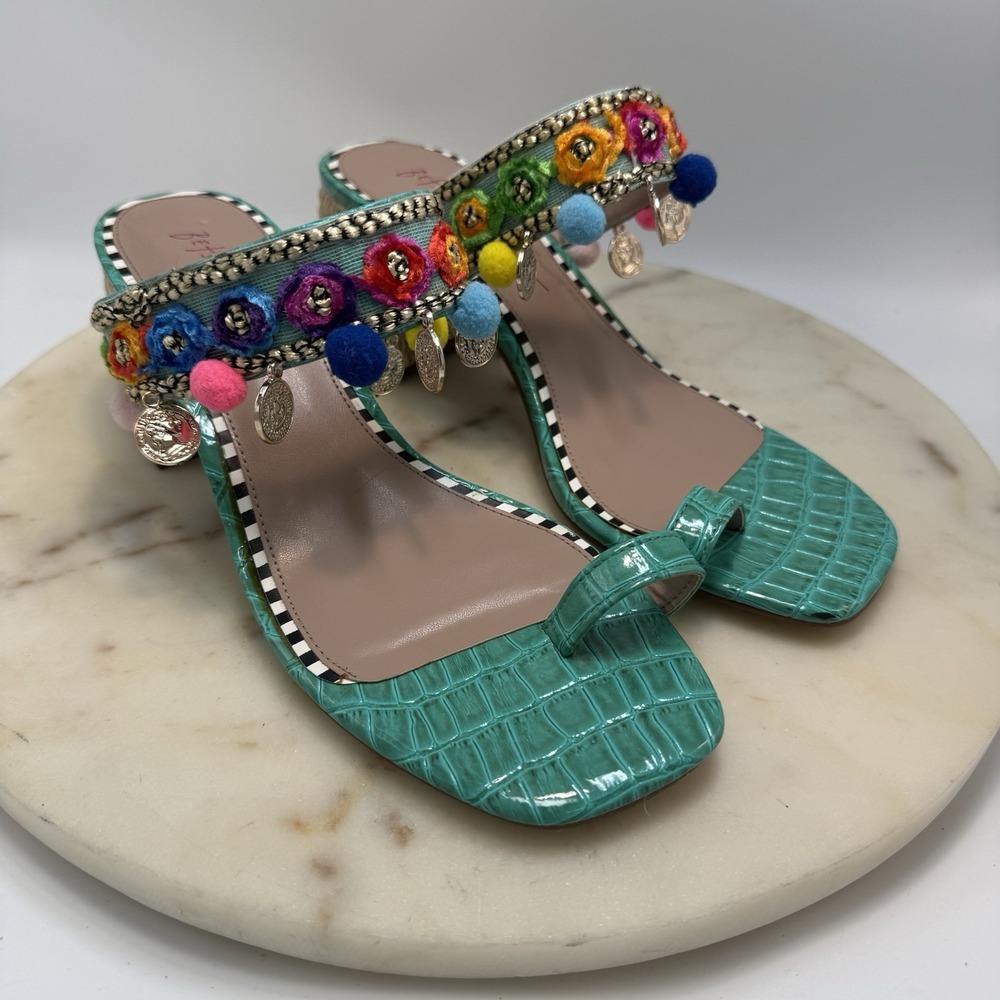 Betsey Johnson Callan Teal Pom Pom Coin Block Heel Sandals Open Toe Size 7.5M